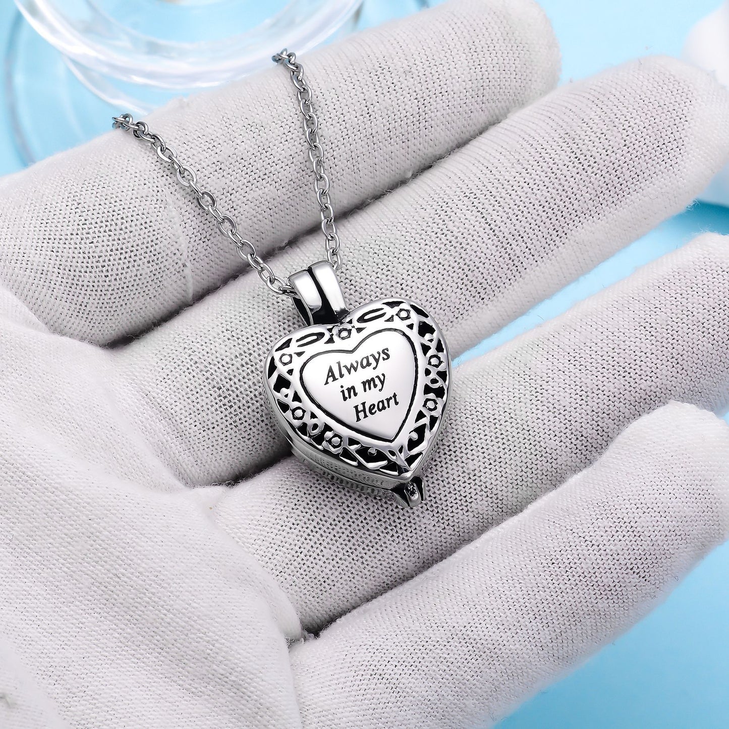 Heart-shaped Cremation Urn Necklace "Always in my heart" Pendant Memorial Jewelry-A056