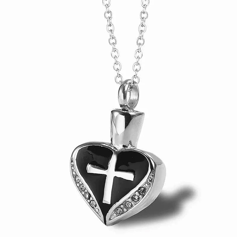 Heart-shaped Cremation Urn Necklace With Cross Memorial Jewelry-A029
