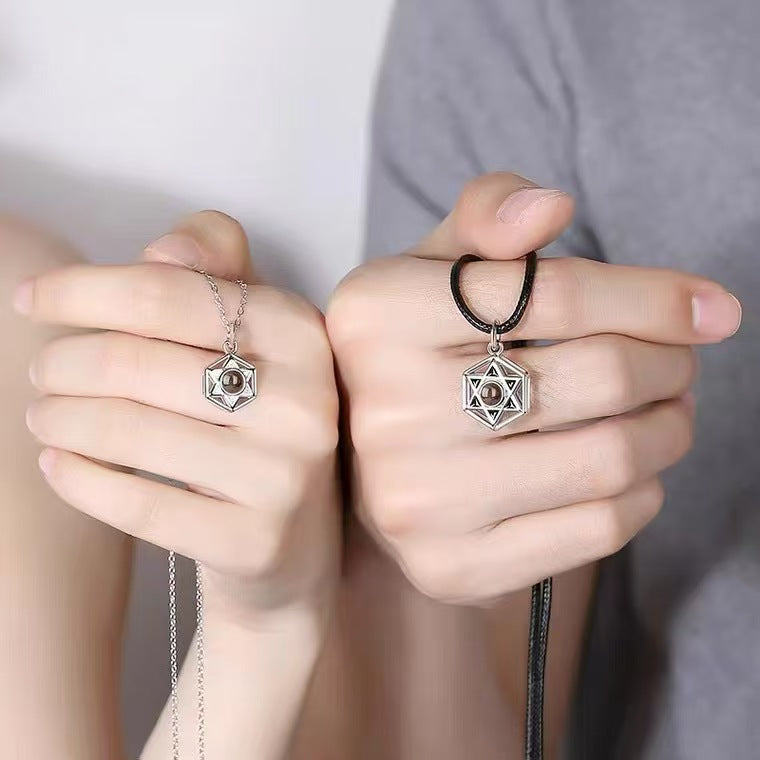 Personalized Photo Projection Necklace Hexagram Pendant 925 Silver Gift for Couple - P060