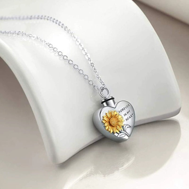 Heart-Shaped Cremation Urn Sunflower Necklace for Ashes-A019