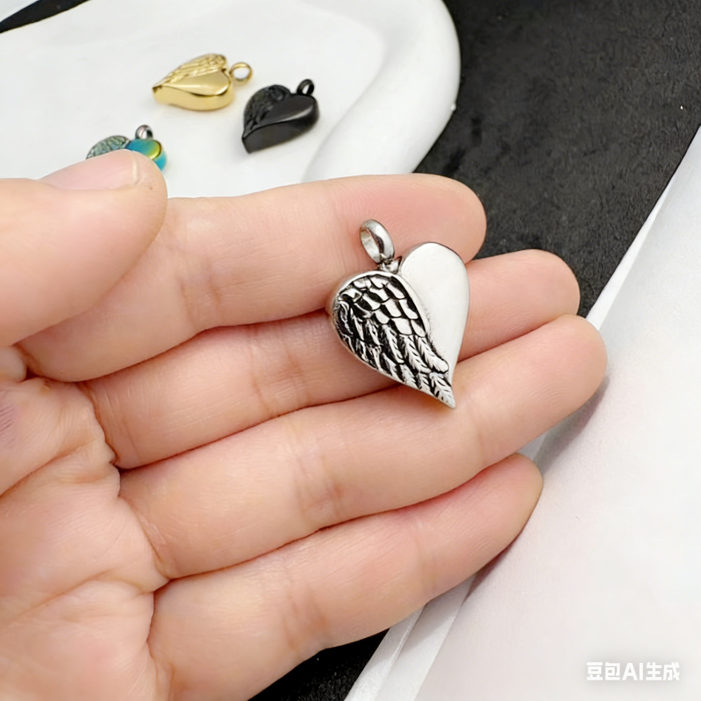 Cremation Urn Necklace Feather Heart-shaped Pendant Memorial Jewelry-A047