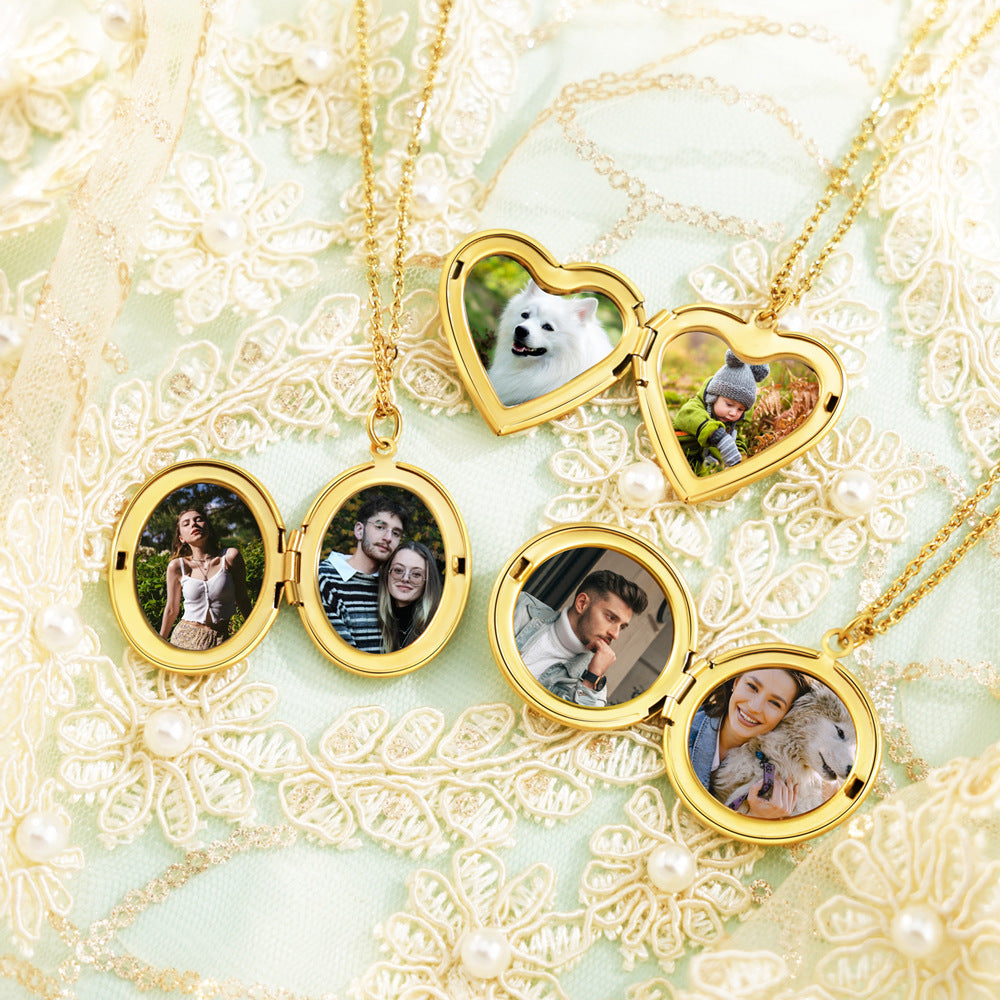 Custom Round/Oval Photo Locket Necklace With Engraving-L014