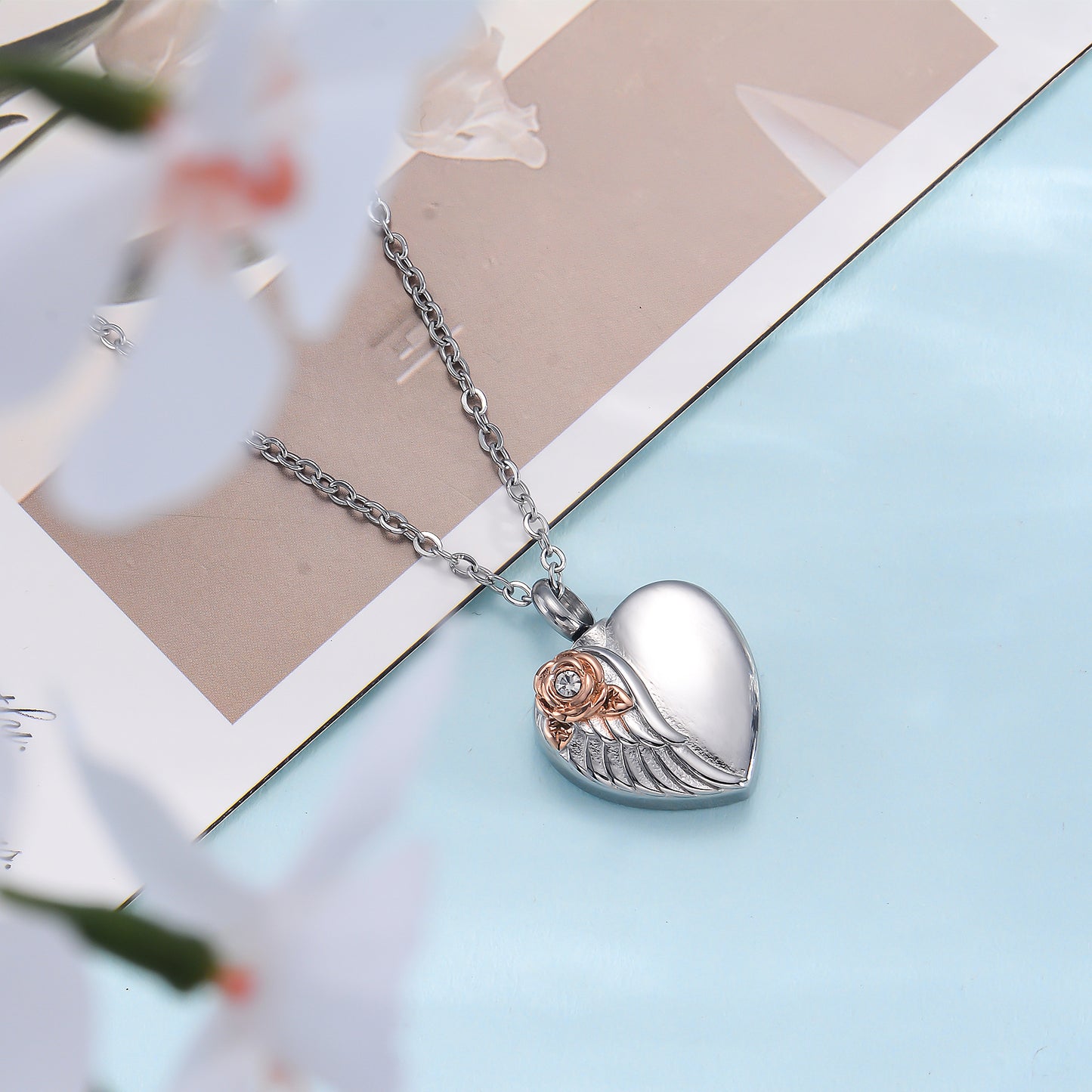 Cremation Urn Necklace Heart-shaped with Flower Pendant Memorial Jewelry-A055