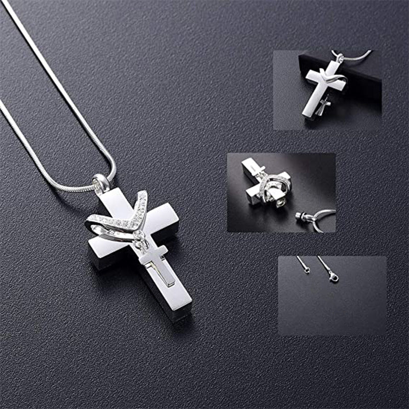 Cremation Urn Necklace Cross with Zircon Pendant for Ashes-A040