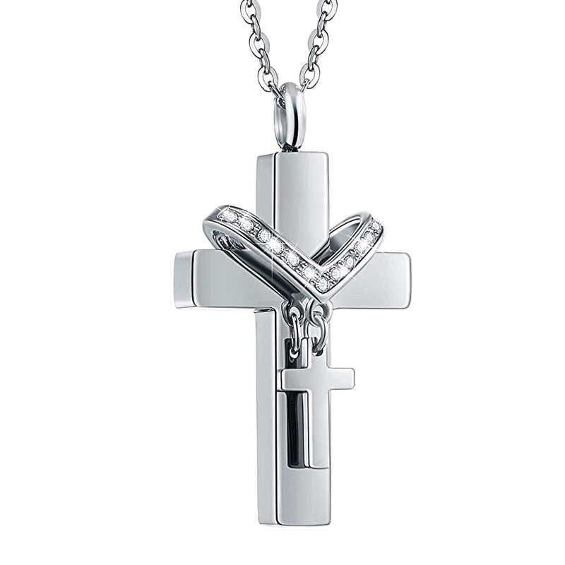 Cremation Urn Necklace Cross with Zircon Pendant for Ashes-A040