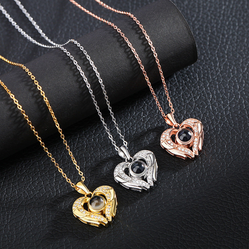 Personalized Photo Projection Necklace 925 Sterling Silver Heart & Wings - P010